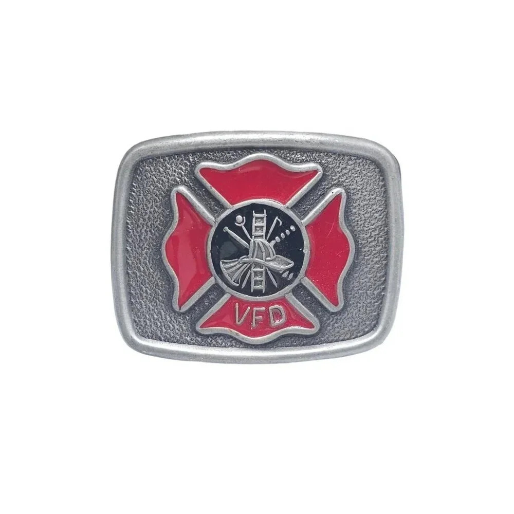 Trophy Buckle Volunteer Fire Department Belt Buckle Silver Tone Vintage